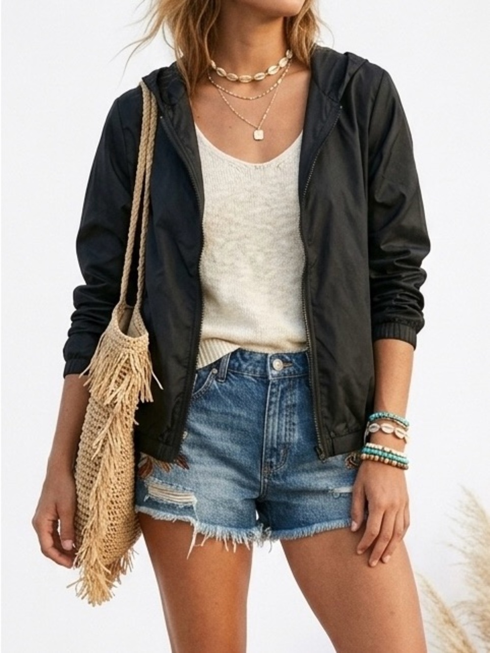 Brandy Melville Black Full Zip Lightweight Hooded Windbreaker Jacket OS